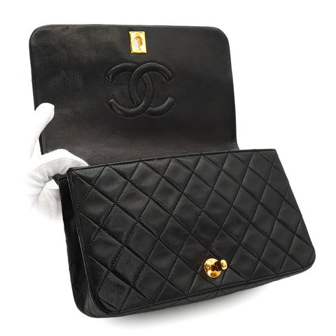 VINTAGE CHANEL FULL FLAP CHAIN SHUOLDER BAG BLACK LAMB SKIN GOLD HARDWARE 90334144
