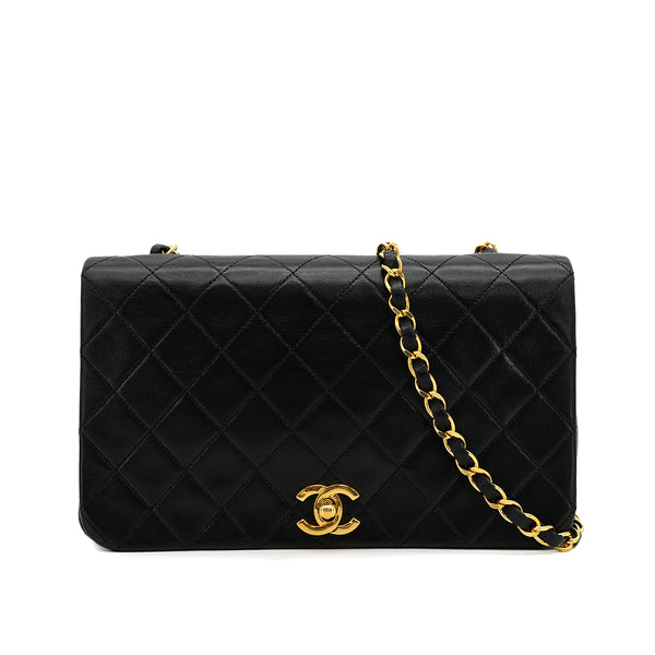 VINTAGE CHANEL FULL FLAP CHAIN SHUOLDER BAG BLACK LAMB SKIN GOLD HARDWARE 90317776