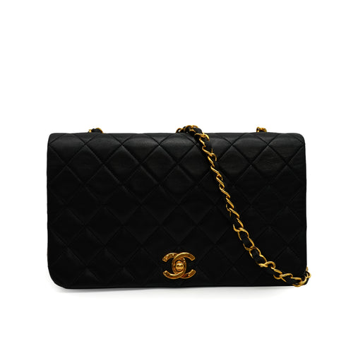 VINTAGE CHANEL FULL FLAP CHAIN SHUOLDER BAG BLACK LAMB SKIN GOLD HARDWARE 90335594