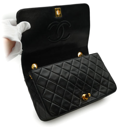 VINTAGE CHANEL FULL FLAP CHAIN SHUOLDER BAG BLACK LAMB SKIN GOLD HARDWARE 90335594