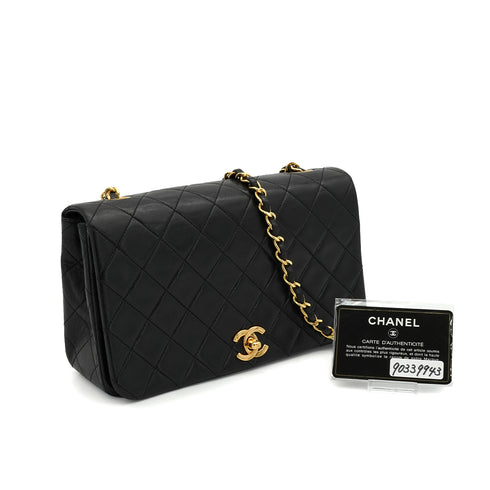 VINTAGE CHANEL FULL FLAP CHAIN SHUOLDER BAG BLACK LAMB SKIN GOLD HARDWARE 90339943