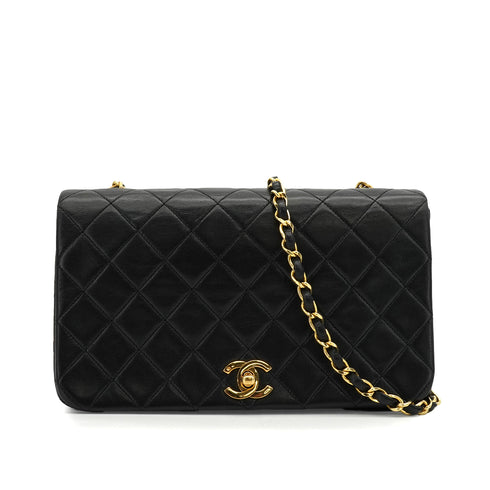 VINTAGE CHANEL FULL FLAP CHAIN SHUOLDER BAG BLACK LAMB SKIN GOLD HARDWARE 90339943