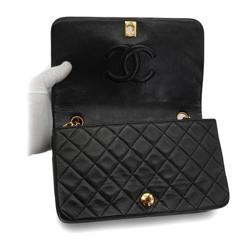 VINTAGE CHANEL FULL FLAP CHAIN SHUOLDER BAG BLACK LAMB SKIN GOLD HARDWARE 90339943