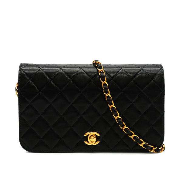 VINTAGE CHANEL FULL FLAP CHAIN SHUOLDER BAG BLACK LAMB SKIN GOLD HARDWARE 90341850