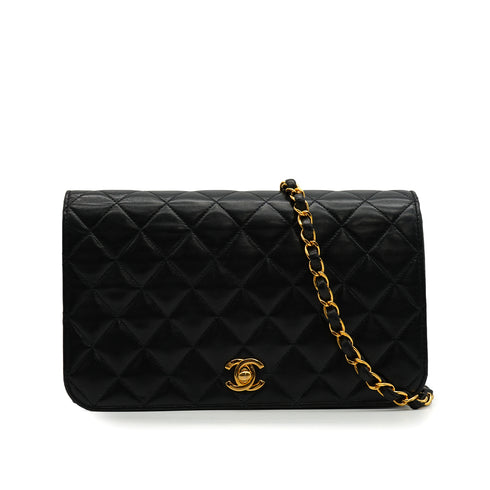 VINTAGE CHANEL FULL FLAP CHAIN SHUOLDER BAG BLACK LAMB SKIN GOLD HARDWARE 90342730