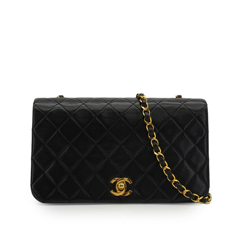 VINTAGE CHANEL FULL FLAP CHAIN SHUOLDER BAG BLACK LAMB SKIN GOLD HARDWARE 90343235