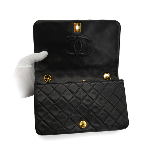 VINTAGE CHANEL FULL FLAP CHAIN SHUOLDER BAG BLACK LAMB SKIN GOLD HARDWARE 90343235