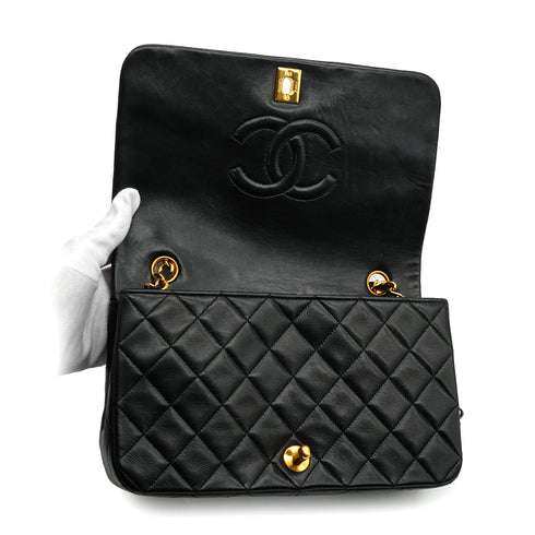 VINTAGE CHANEL FULL FLAP CHAIN SHUOLDER BAG BLACK LAMB SKIN GOLD HARDWARE 90343928