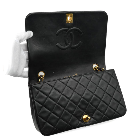 VINTAGE CHANEL FULL FLAP CHAIN SHUOLDER BAG BLACK LAMB SKIN GOLD HARDWARE 90346133