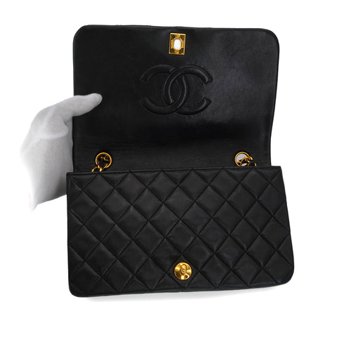 VINTAGE CHANEL FULL FLAP CHAIN SHUOLDER BAG BLACK LAMB SKIN GOLD HARDWARE 90349372