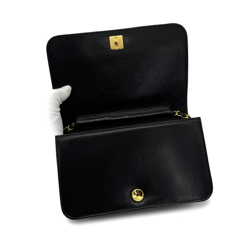 VINTAGE CHANEL FULL FLAP CHAIN SHUOLDER BAG BLACK LAMB SKIN GOLD HARDWARE 90319991