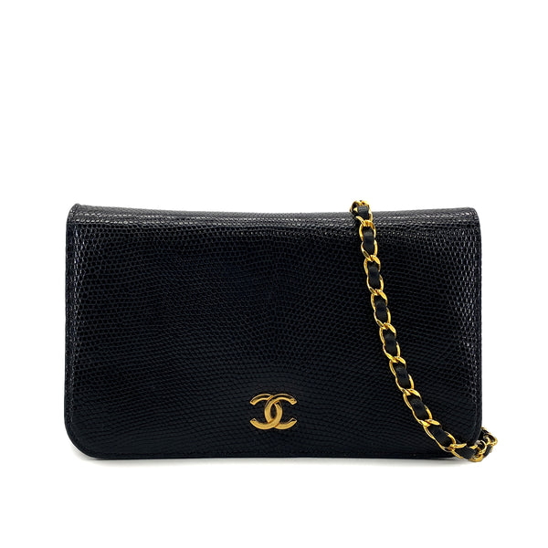 VINTAGE CHANEL FULL FLAP CHAIN SHUOLDER BAG BLACK LIZARD GOLD HARDWARE 90311973