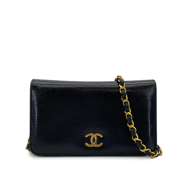 VINTAGE CHANEL FULL FLAP CHAIN SHUOLDER BAG BLACK LIZARD GOLD HARDWARE 90309805