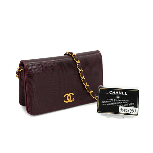 VINTAGE CHANEL FULL FLAP CHAIN SHUOLDER BAG BORDEAUX LIZARD GOLD HARDWARE 90326773