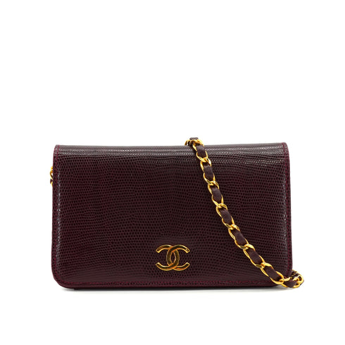 VINTAGE CHANEL FULL FLAP CHAIN SHUOLDER BAG BORDEAUX LIZARD GOLD HARDWARE 90326773