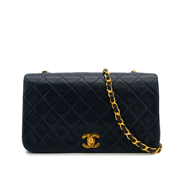 VINTAGE CHANEL FULL FLAP CHAIN SHUOLDER BAG NAVY LAMB SKIN GOLD HARDWARE 90319590