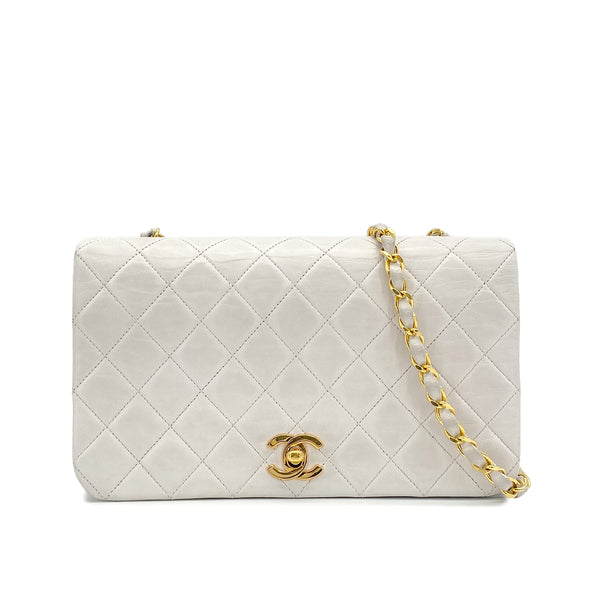 VINTAGE CHANEL FULL FLAP CHAIN SHUOLDER BAG WHITE LAMB SKIN GOLD HARDWARE 90321767
