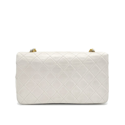 VINTAGE CHANEL FULL FLAP CHAIN SHUOLDER BAG WHITE LAMB SKIN GOLD HARDWARE 90321767