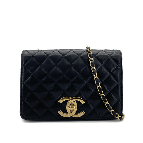 VINTAGE CHANEL FULL FLAP MATELASSE BIG COCO CHAIN SHOULDER BAG BLACK LAMB SKIN GOLD HARDWARE 90321632