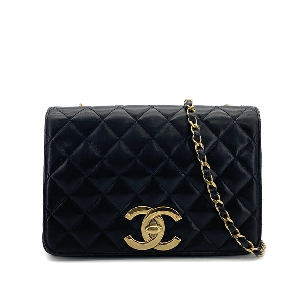 VINTAGE CHANEL FULL FLAP MATELASSE BIG COCO CHAIN SHOULDER BAG BLACK LAMB SKIN GOLD HARDWARE 90321632