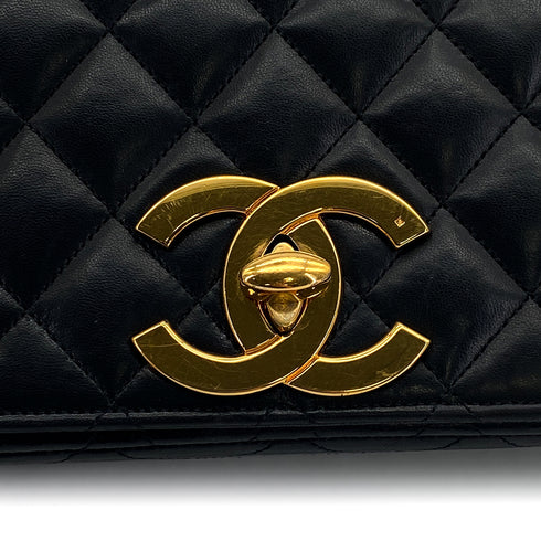 VINTAGE CHANEL FULL FLAP MATELASSE BIG COCO CHAIN SHOULDER BAG BLACK LAMB SKIN GOLD HARDWARE 90321632