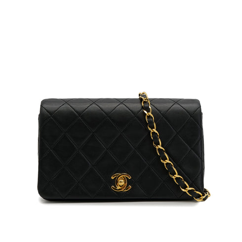 VINTAGE CHANEL FULL FLAP MINI CHAIN SHUOLDER BAG BLACK LAMB SKIN GOLD HARDWARE 90321014