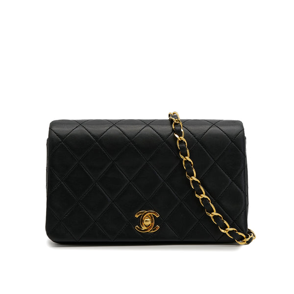 VINTAGE CHANEL FULL FLAP MINI CHAIN SHUOLDER BAG BLACK LAMB SKIN GOLD HARDWARE 90321014