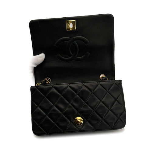 VINTAGE CHANEL FULL FLAP MINI CHAIN SHUOLDER BAG BLACK LAMB SKIN GOLD HARDWARE 90321014