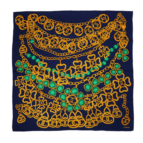 VINTAGE CHANEL GRIPOIX CHAIN PATTERN SCARF NAVY GREEN GOLD SILK 90321064