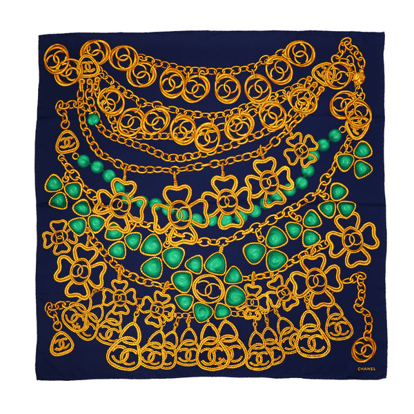 VINTAGE CHANEL GRIPOIX CHAIN PATTERN SCARF NAVY GREEN GOLD SILK 90321064