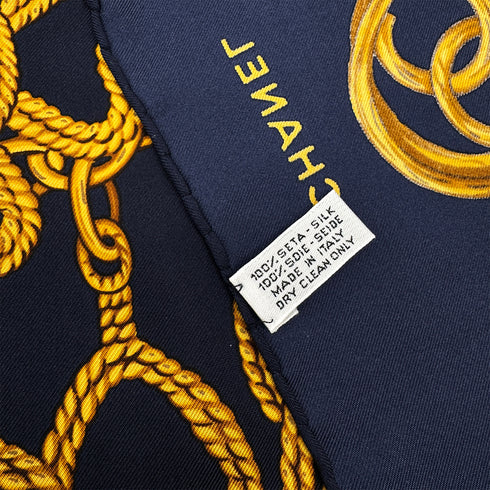 VINTAGE CHANEL GRIPOIX CHAIN PATTERN SCARF NAVY GREEN GOLD SILK 90321064