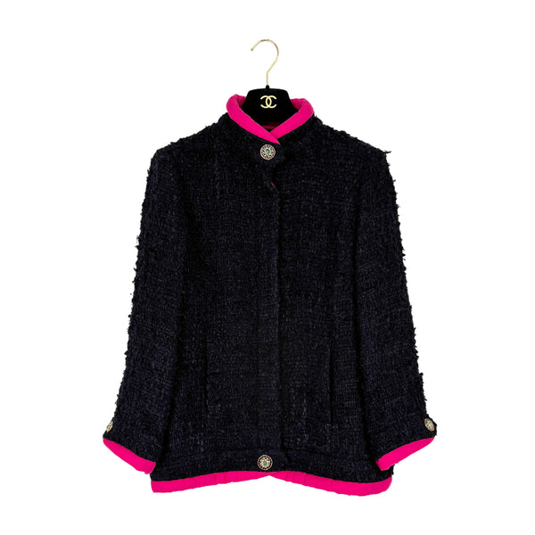 VINTAGE CHANEL GRIPOA COCO BUTTON PIPING TWEED JACKET PINK NAVY SILK 42 P43 RTW 90317787