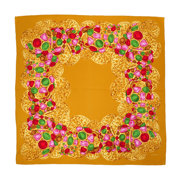 VINTAGE CHANEL GRIPOIX PATTERN SCARF GOLD MULTICOLOR SILK 90321079