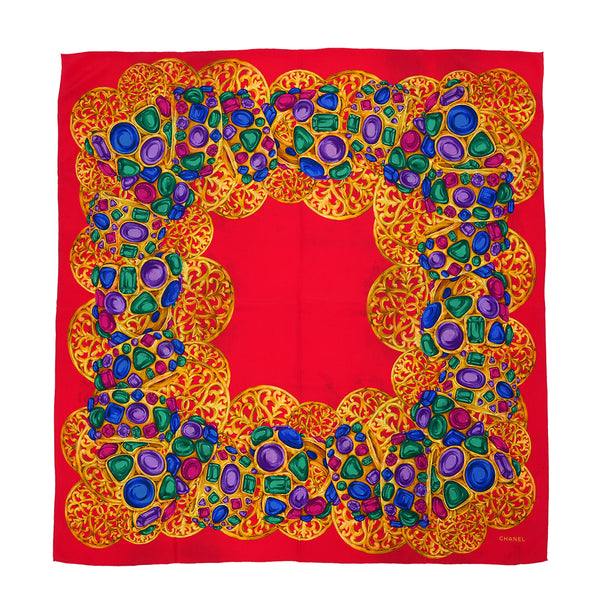 VINTAGE CHANEL GRIPOIX PATTERN SCARF RED MULTICOLOR SILK 90321078