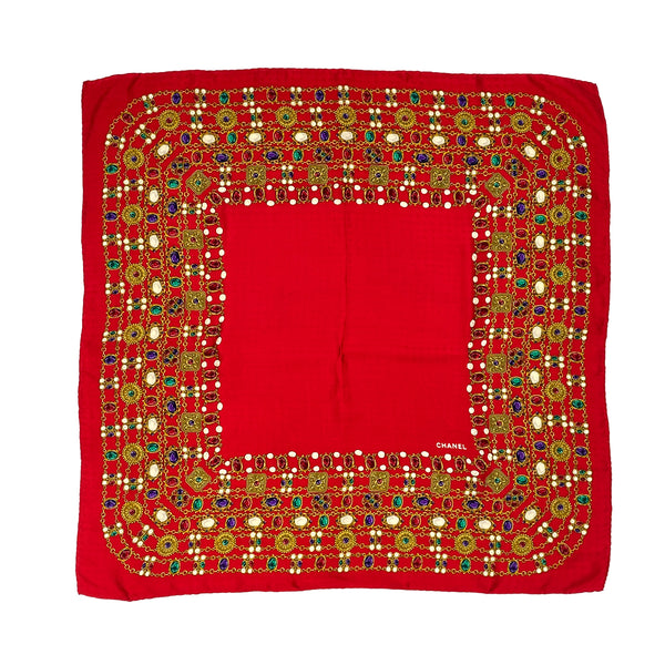 VINTAGE CHANEL GRIPOIX PATTERN SCARF RED MULTICOLOR SILK 90322056