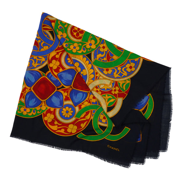 VINTAGE CHANEL GRIPOIX JEWELRY PATTERN SCARF MULTICOLOR WOOL SILK 90334510