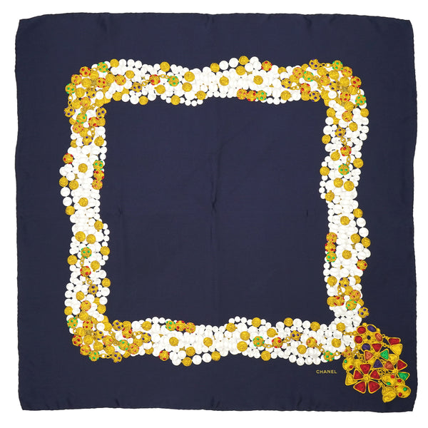 VINTAGE CHANEL GRIPOIX PEARL JEWELRY PATTERN SCARF NAVY 90337729