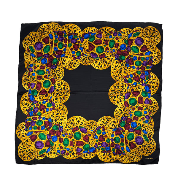 VINTAGE CHANEL GRIPOIX JEWELRY PATTERN SCARF MULTICOLOR SILK 90318648
