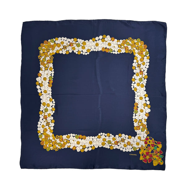 VINTAGE CHANEL GRIPORE JEWELRY PATTERN SCARF NAVY SILK 90318642