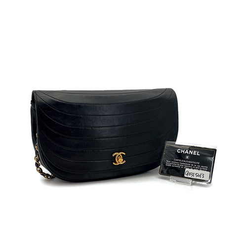 VINTAGE CHANEL HALF MOON CHAIN SHOULDER BAG BLACK LAMB SKIN GOLD HARDWARE 90315013