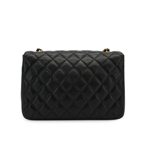 VINTAGE CHANEL HALF MOON CHAIN SHOULDER BAG BLACK LAMB SKIN GOLD HARDWARE 90333726