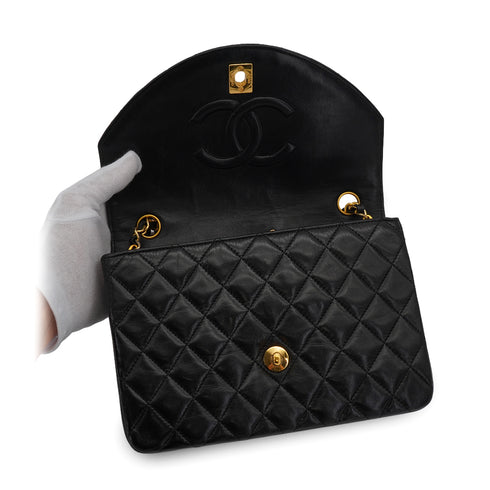VINTAGE CHANEL HALF MOON CHAIN SHOULDER BAG BLACK LAMB SKIN GOLD HARDWARE 90333726