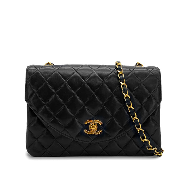 VINTAGE CHANEL HALF MOON CHAIN SHOULDER BAG BLACK LAMB SKIN GOLD HARDWARE 90317923