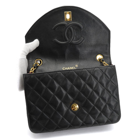 VINTAGE CHANEL HALF MOON CHAIN SHOULDER BAG BLACK LAMB SKIN GOLD HARDWARE 90322528