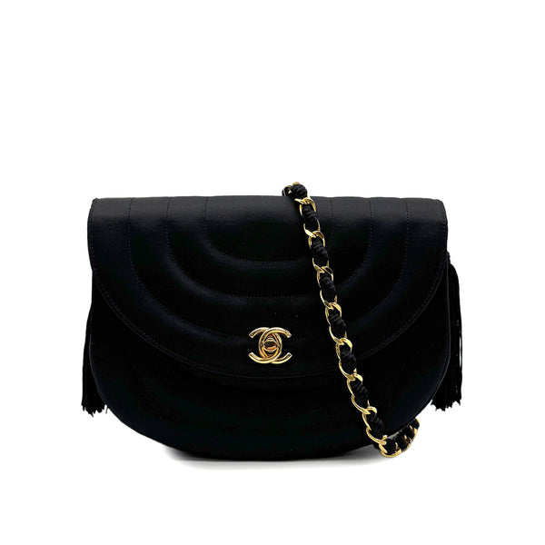 VINTAGE CHANEL HALF MOON CHAIN SHOULDER BAG BLACK SATIN GOLD HARDWARE 90314344