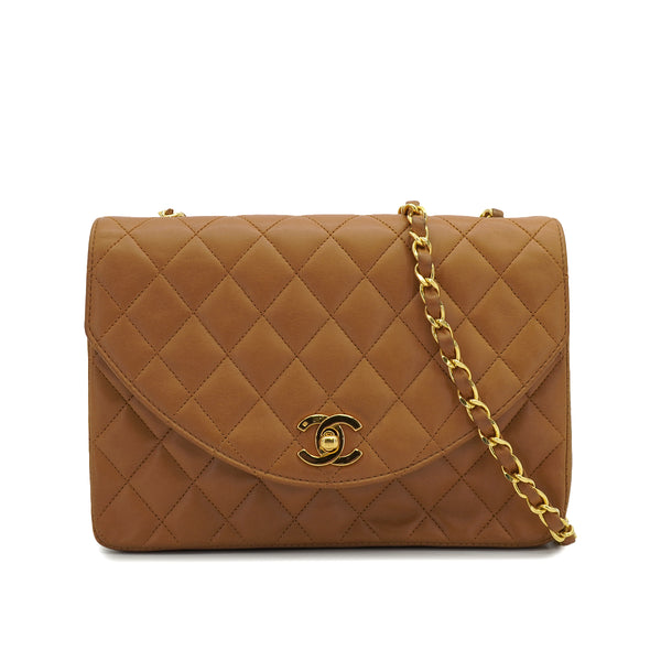 VINTAGE CHANEL HALF MOON CHAIN SHOULDER BAG BROWN LAMB SKIN GOLD HARDWARE 90318628