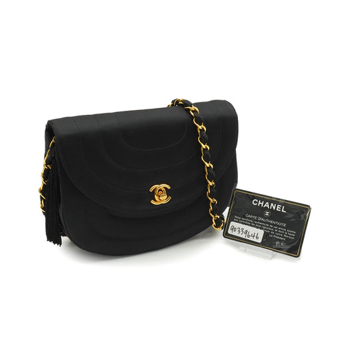 VINTAGE CHANEL HALF MOON CHAIN SHOULDER BAG FRINGE BLACK SATIN GOLD HARDWARE 90339646