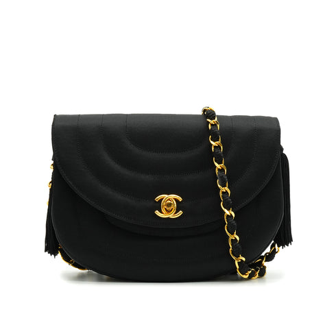 VINTAGE CHANEL HALF MOON CHAIN SHOULDER BAG FRINGE BLACK SATIN GOLD HARDWARE 90339646