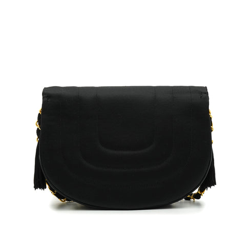 VINTAGE CHANEL HALF MOON CHAIN SHOULDER BAG FRINGE BLACK SATIN GOLD HARDWARE 90339646