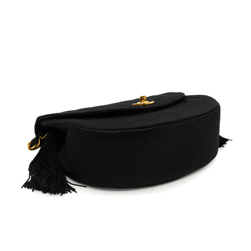 VINTAGE CHANEL HALF MOON CHAIN SHOULDER BAG FRINGE BLACK SATIN GOLD HARDWARE 90339646